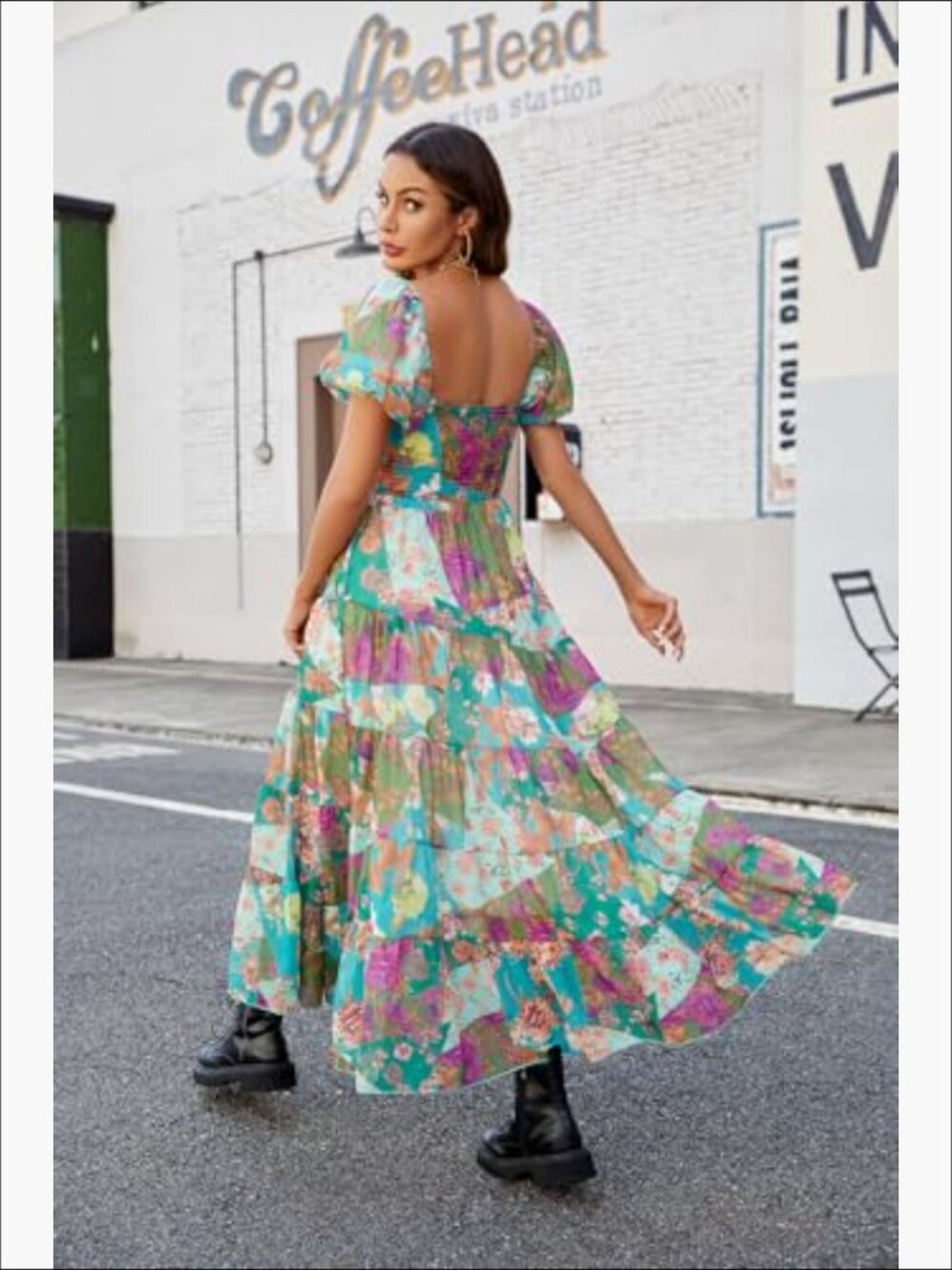 Womens Floral Maxi Dress V Neck Puff Sleeve Bohemian Casual Summer Bloomcore - Picture 2 of 4